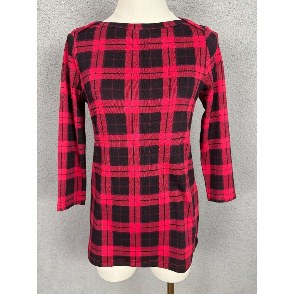 Style & Co Women's XS Red & Black Plaid 3/4 Sleeve Top 100% Pima Cotton NWOT's.